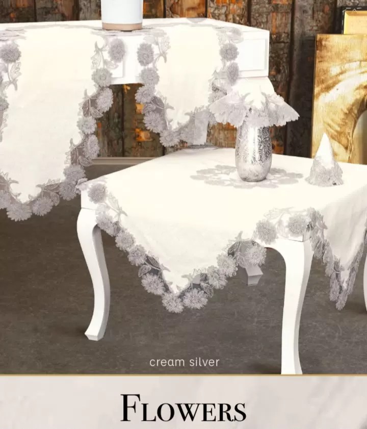 Bej Çeyizlik Flowers Model 5 Parça Keten Dantelli Salon Takımı Runner Seti No 255