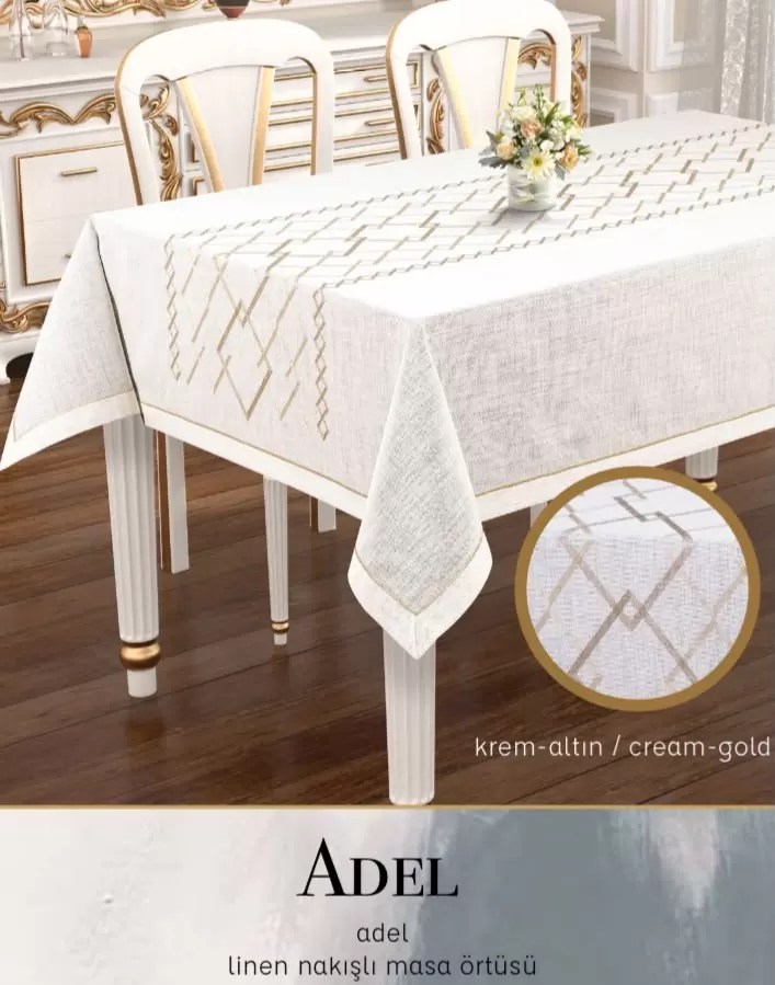Dertsiz Linen Nakışlı Tek Masa Örtüsü 155x400cm Yemek Masası Örtüsü  Adel Model Krem-Gold