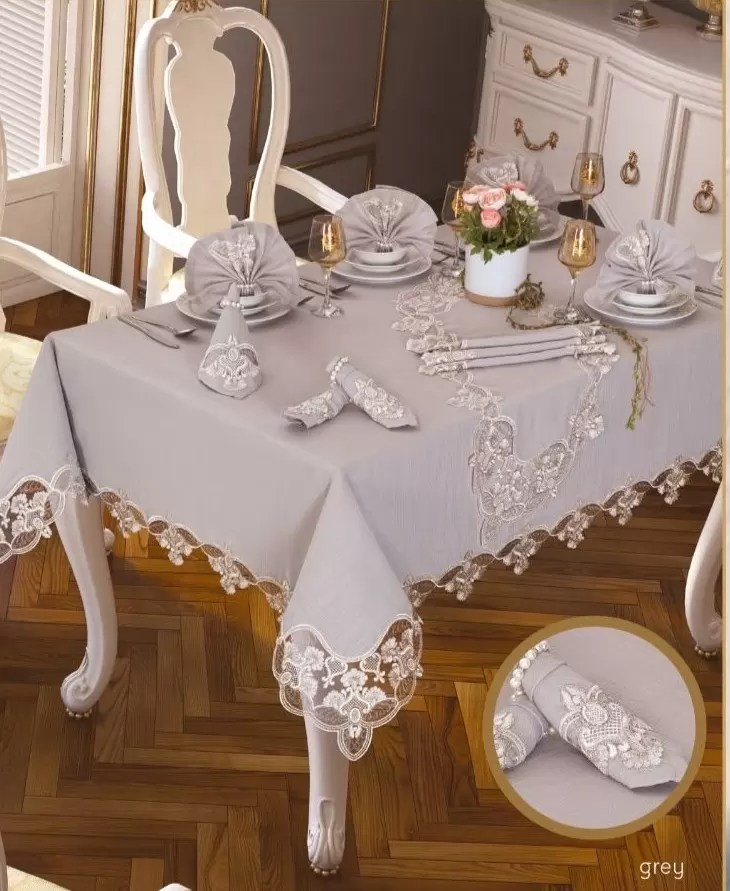 Gardenya Keten Karanfil Gri 26 Parça  160 × 220 cm Masa Takımı 12 Kişilik