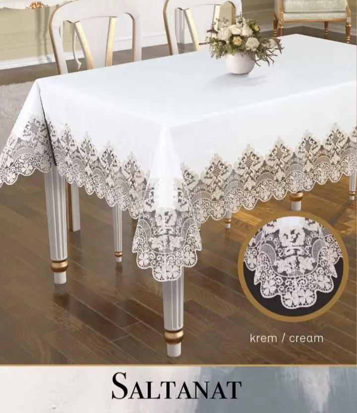 Gardenya Keten Masa Örtüsü 175x315 cm Yemek Masası Örtüsü Saltanat Model Krem