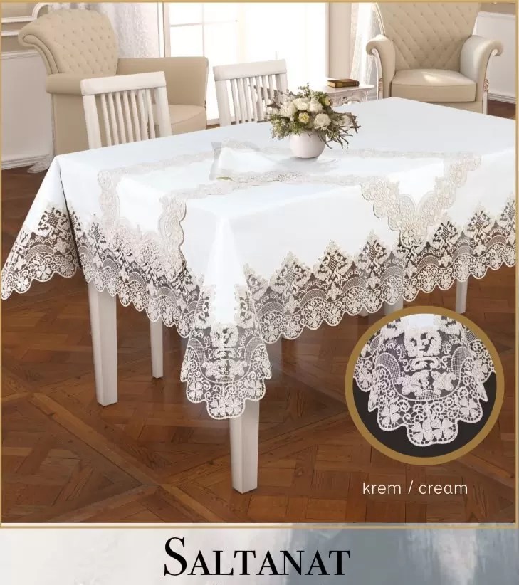 Gardenya Keten Runnerli Masa Örtüsü 175x500 cm Yemek Masası Örtüsü Saltanat Model Krem