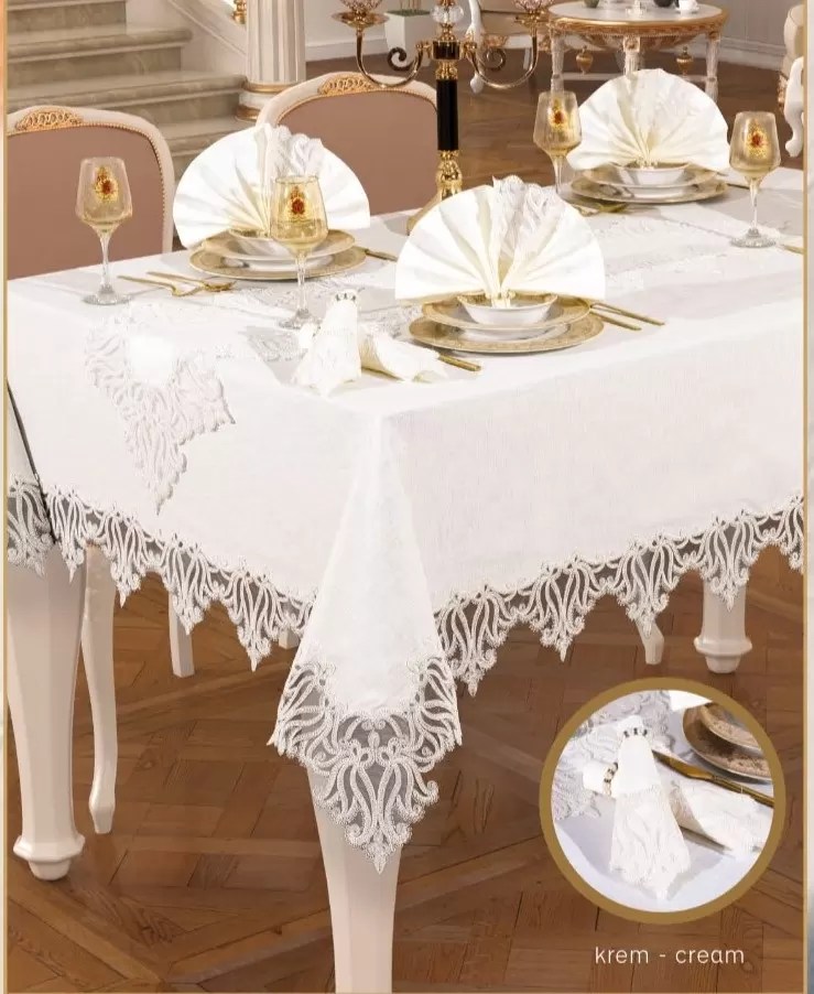 Gülse Yemek Takımı Masa Seti 12 Kişilik 26 Parça 160 × 260 cmRunner Set Krem