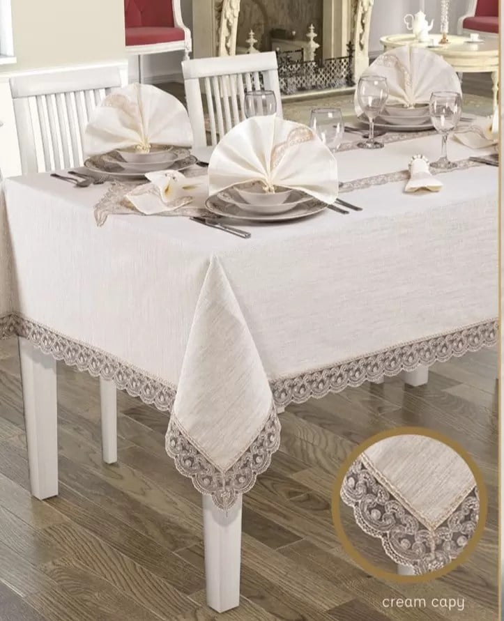 Jute Simli Linen Keten Yemek Takımı Masa Seti 12 Kişilik 26 Parça Supla Runner Set Krem-Kapiçino