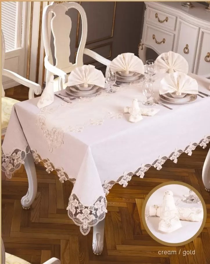 Karanfil Gardenya Keten Krem-Gold 26 Parça 12 Kişilik 160 × 260CMMasa Seti