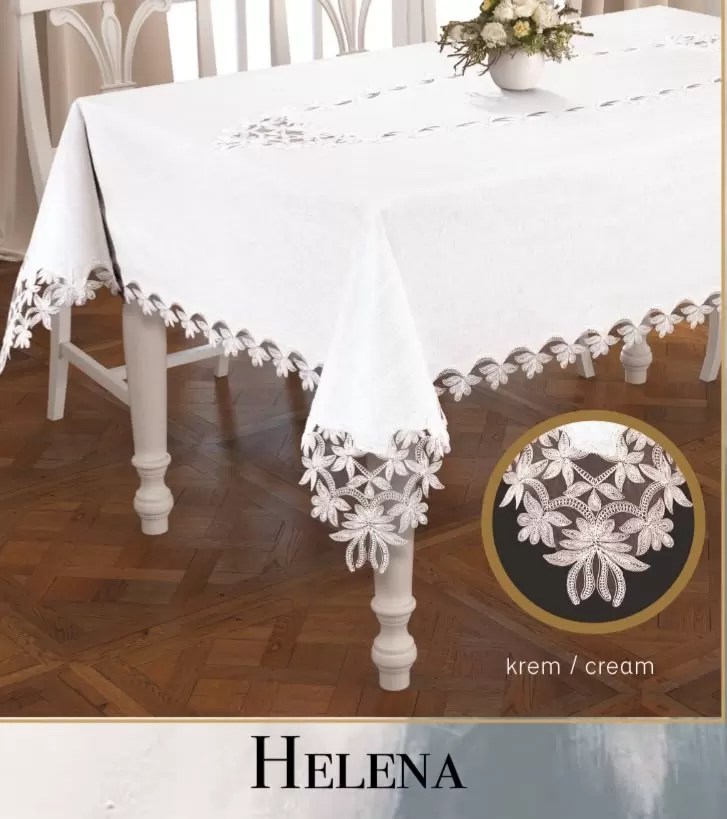 Keten Tek Masa Örtüsü Tablecloth 155x300 cm Dantelli Yemek Masası Örtüsü Helena Model Krem