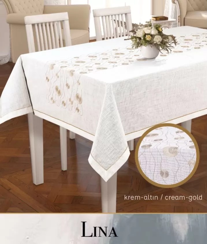 Linen Nakışlı Tek Masa Örtüsü 160x260 cm Yemek Masası Örtüsü Lina Model Krem-Altın