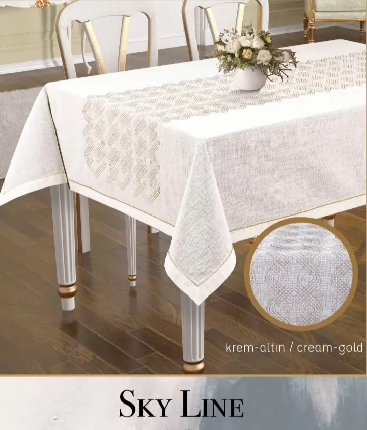 Linen Nakışlı Tek Masa Örtüsü 160x260 cm Yemek Masası Örtüsü Sky Line Model Krem-Gold