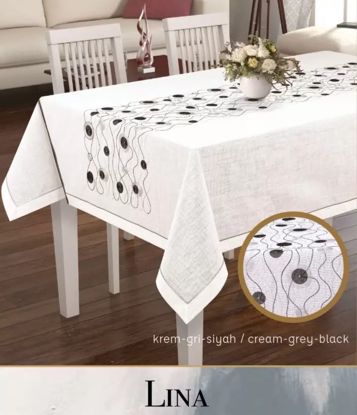 Linen Nakışlı Tek Masa Örtüsü 160x450 cm Yemek Masası Örtüsü Lina Model Krem-Gri Siyah
