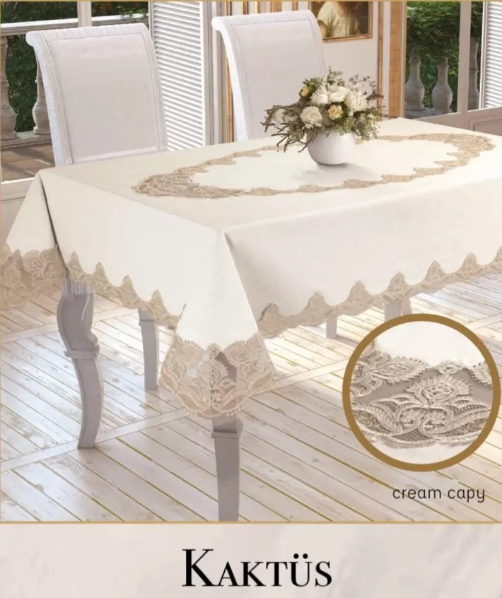 Masa Örtüsü Tablecloth 160x350 cm Dantelli Yemek Masası Örtüsü Kaktüs Model Krem-Gold