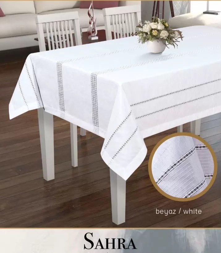 Polyester Ajurlu Keten  Masa Örtüsü Tablecloth 160x350 cm Dantelli Yemek Masası Örtüsü Sahra Model Beyaz