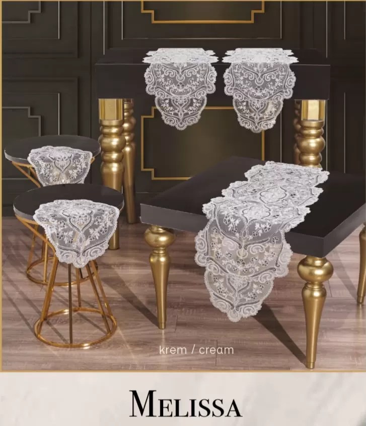 Salon Takımı 5 Parça Dantel Masa Örtüsü Runner Seti Çeyizlik Melissa Model Krem