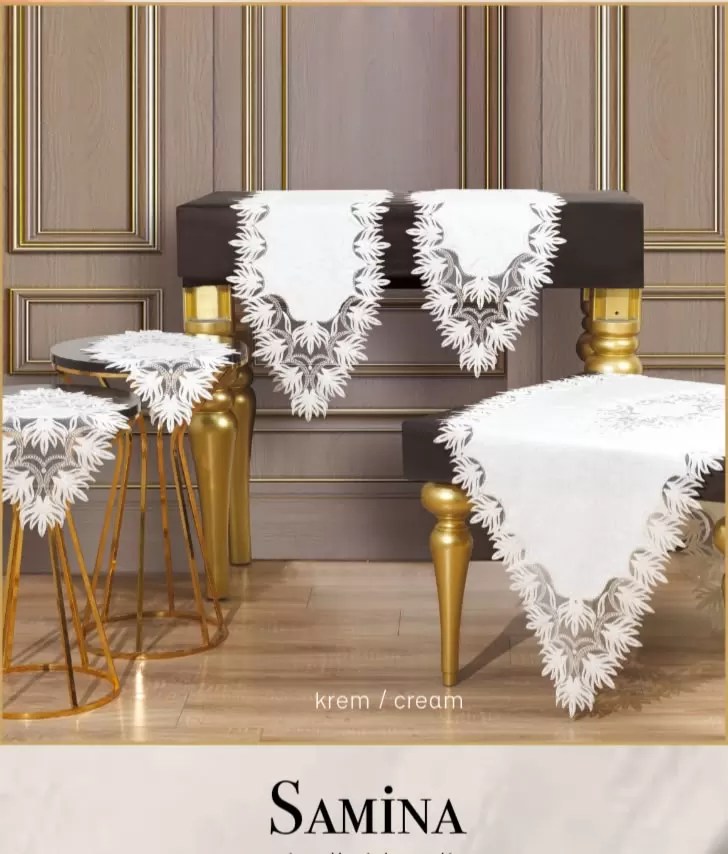 Salon Takımı 5 Parça Dantelli Keten Masa Örtüsü Runner Seti Çeyizlik Samina Model Krem-Krem