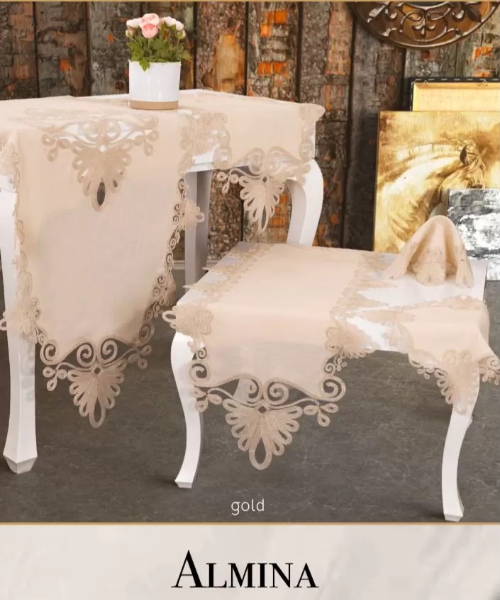 Salon Takımı 5 Parça Dantelli Masa Örtüsü Runner Seti Almina Model - Gold