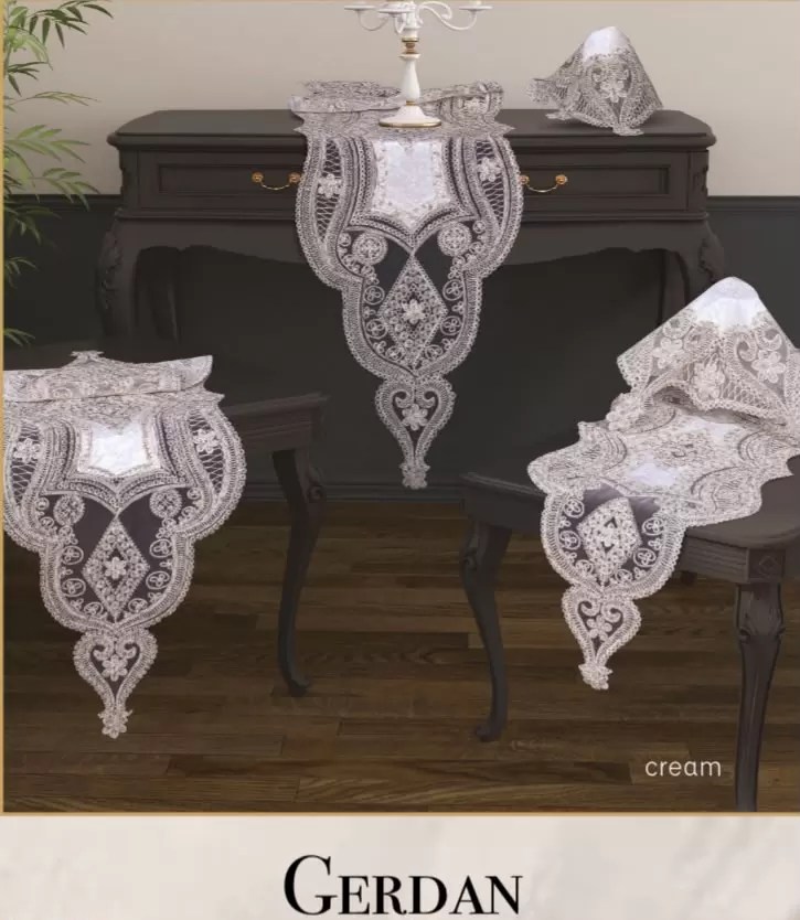 Salon Takımı 5 Parça Velvet Kadife Dantelli Masa Örtüsü Runner Seti Gerdan Model - Krem