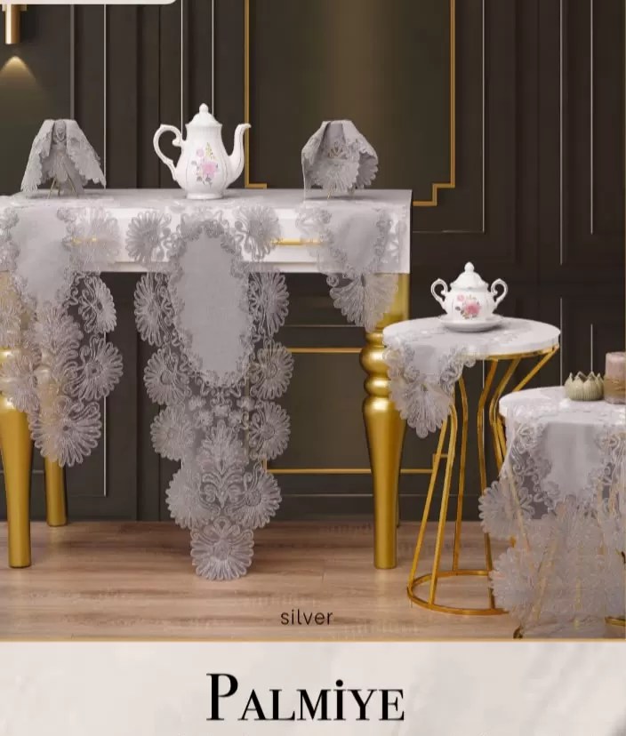 Salon Takımı 7 Parça Keten Masa Örtüsü Runner Seti Çeyizlik Palmiye Model No 8526 Gri