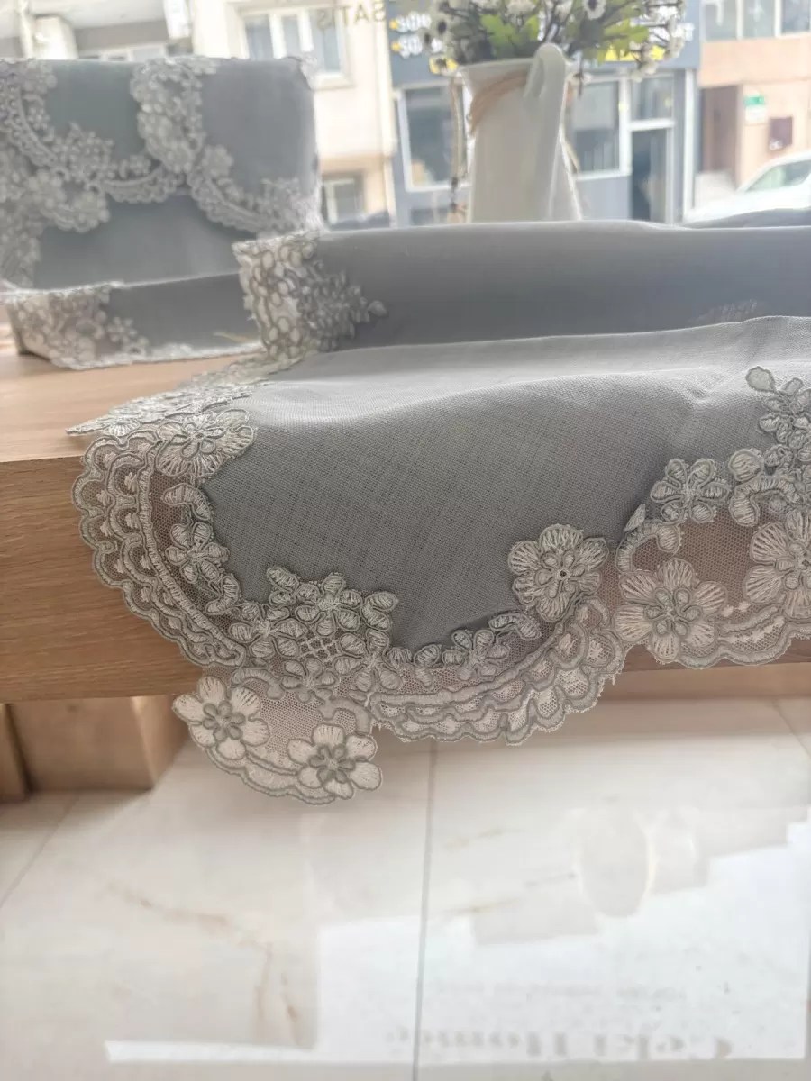 Salon Takımı Çeyizlik Firuze Model Gri 5 Parça Keten Dantelli Masa Örtüsü Runner Seti