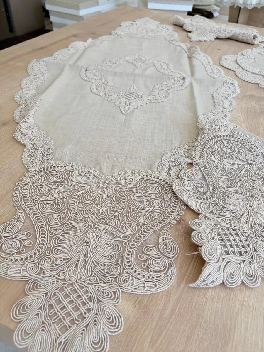 Salon Takımı Çeyizlik Krem Runner Set 5 Parça Keten Masa Örtüsü Runneri Gerdan