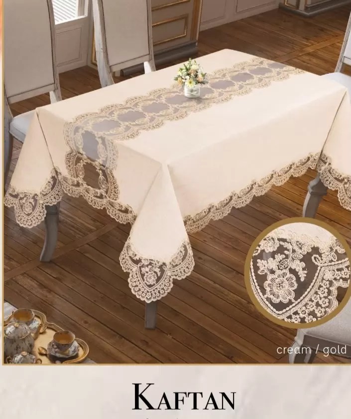 Shiny Masa Örtüsü Tablecloth 160x450 cm Dantelli Yemek Masası Örtüsü Kaftan Model Krem-Gold