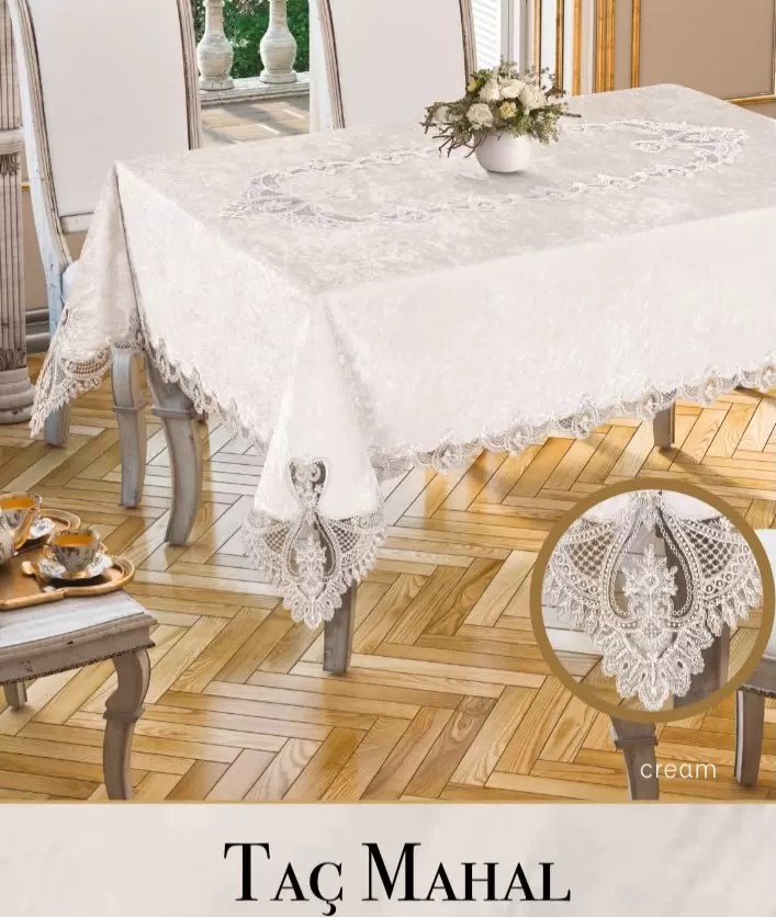 Velvet Kadife Tek Masa Örtüsü 160x450 cm Dantelli Yemek Masası Örtüsü Taç Mahal Model Krem