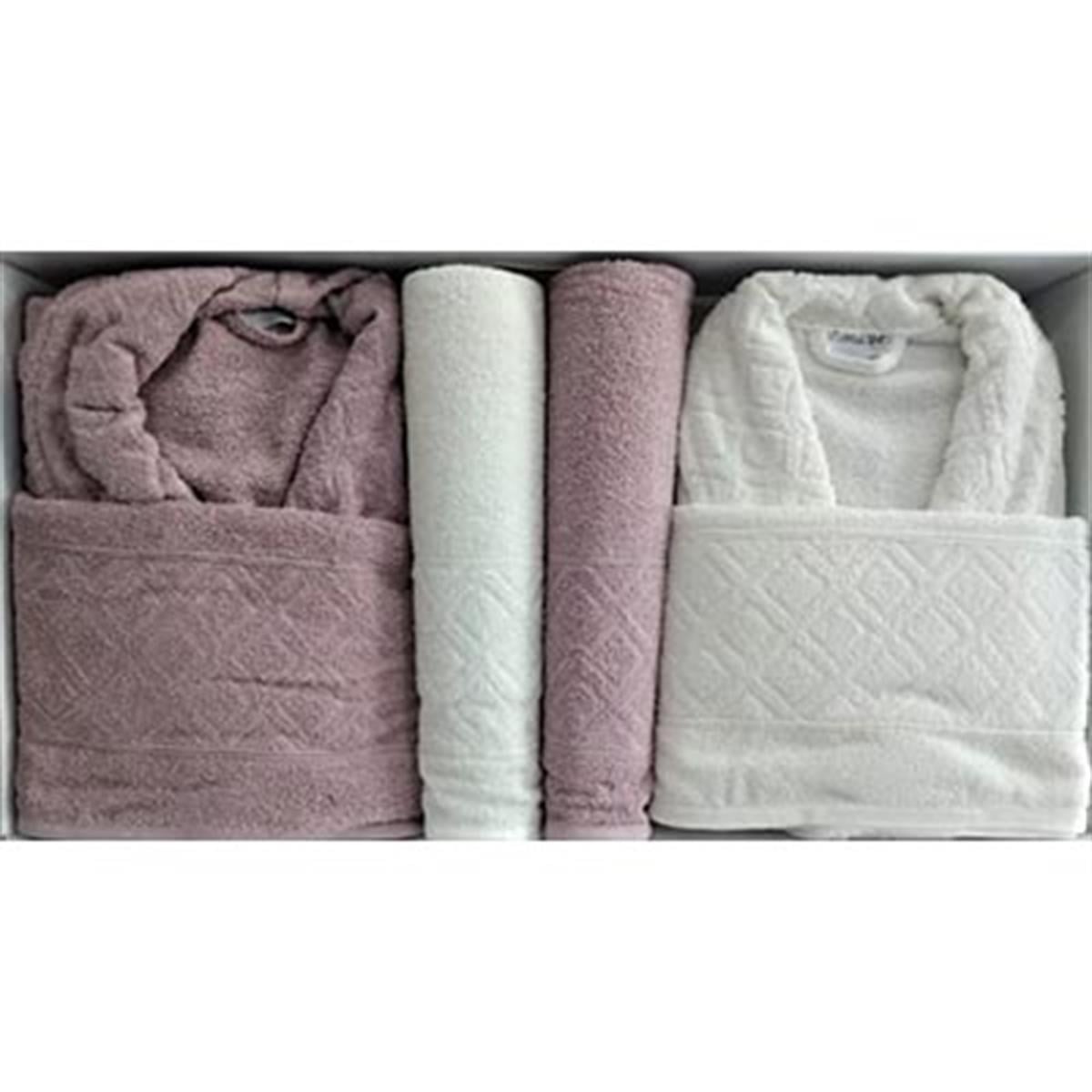 Cotton Life Aile Bornoz Seti Jakarlı Mürdüm - Krem
