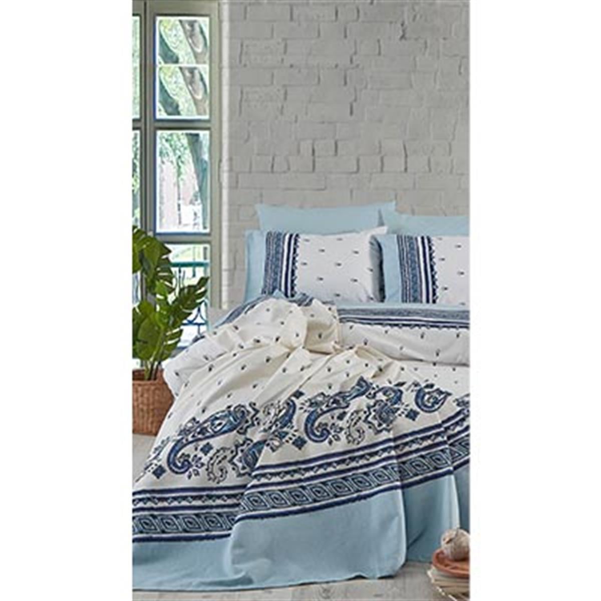 Cotton Life Çift Kişilik Baskılı Pike Takımı Paisley Mavi