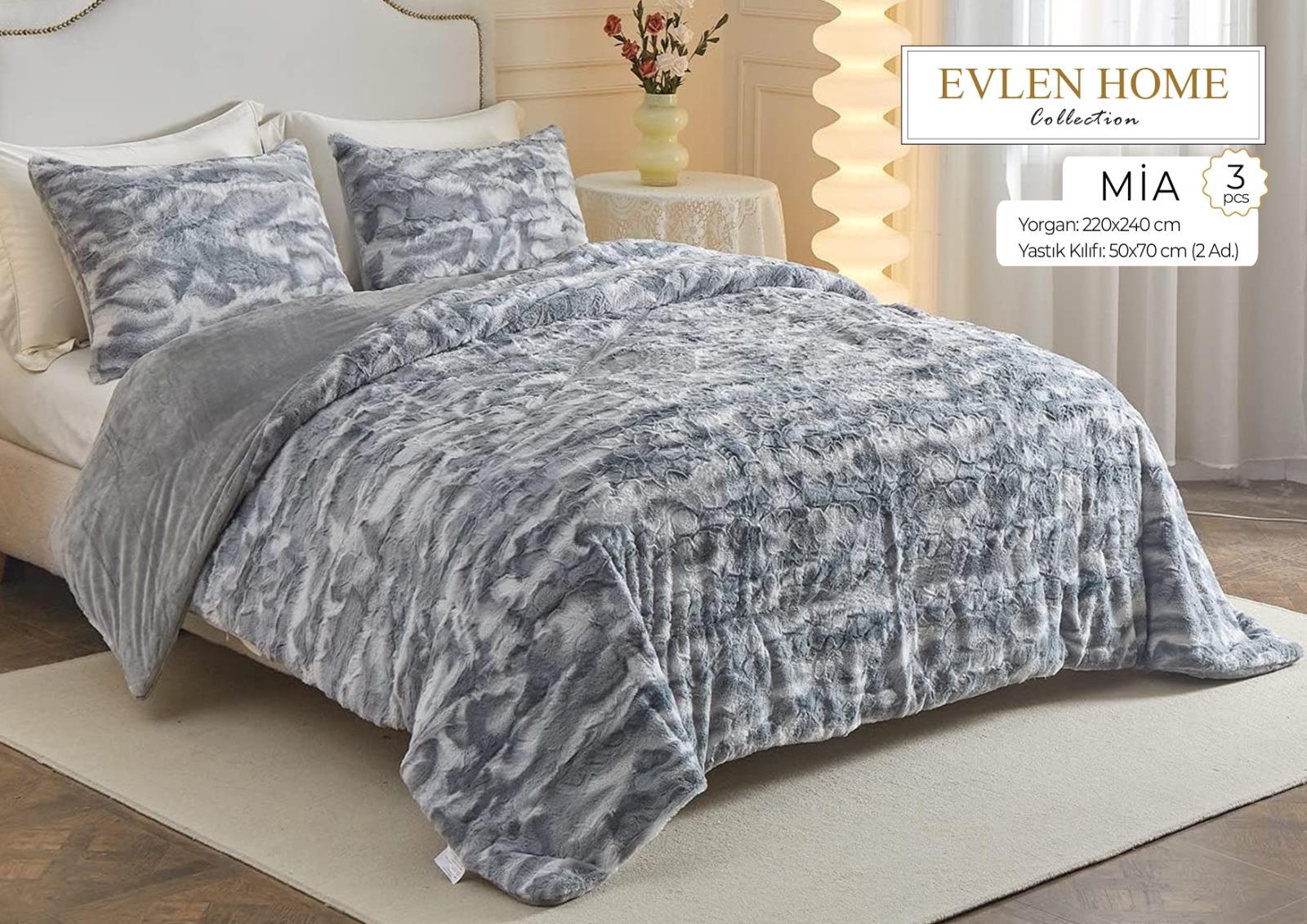 Evren Çift Kişilik Kürk Yorgan Seti Mia Antrasit
