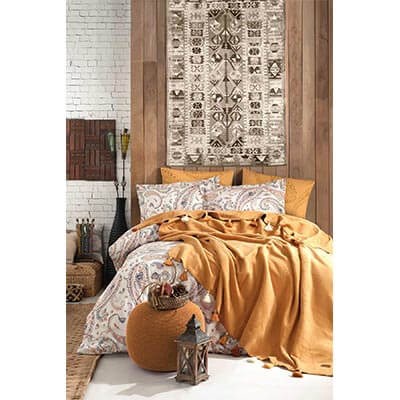 İyi Geceler İstanbul Boho Chic Çift Kişilik Püsküllü Battaniyeli Nevresim Takımı Hardal