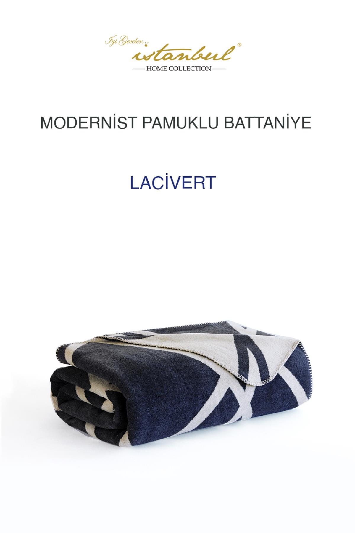 İyi Geceler İstanbul Tek Kişilik Pamuklu Battaniye Modernist Lacivert