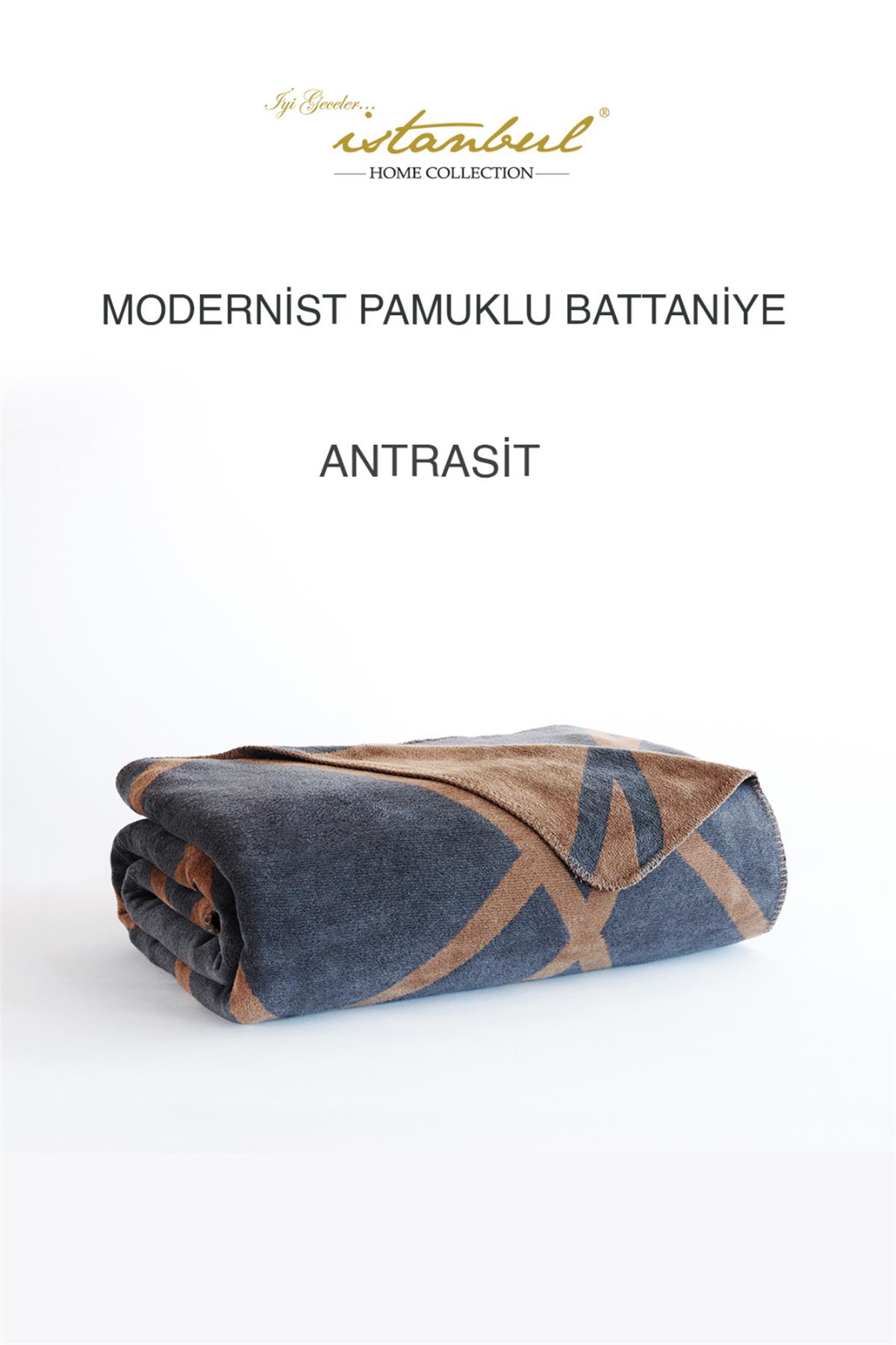 İyi Geceler İstanbul Tek Kişilik Pamuklu Battaniye Modernist Antrasit