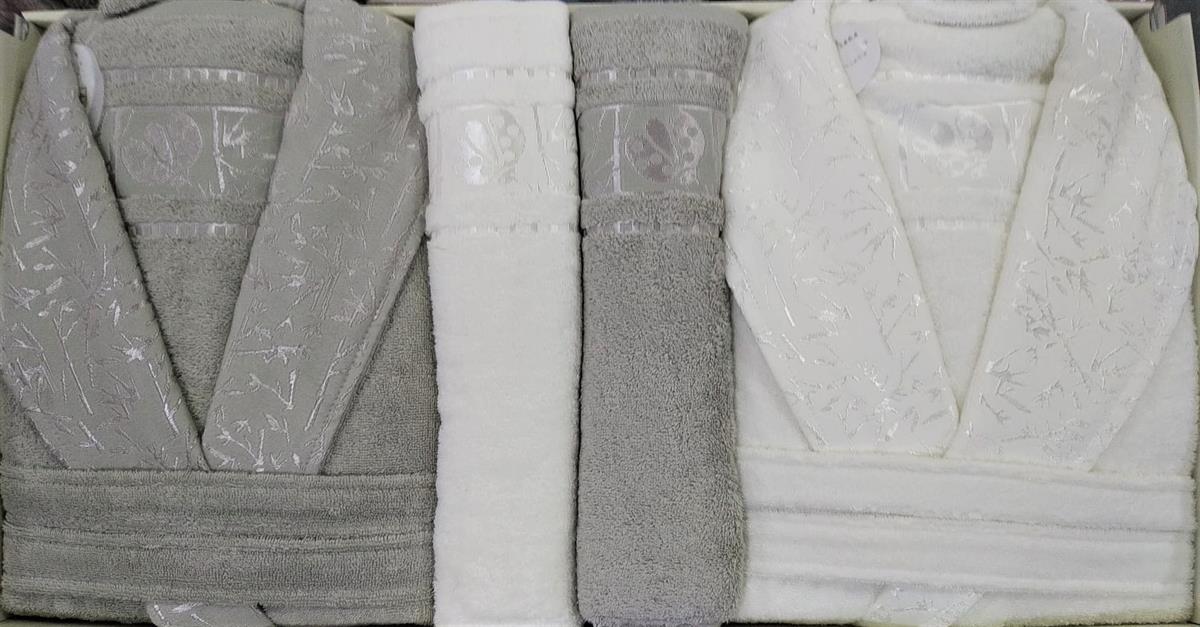 Pupilla Aile Bornoz Seti Bambo Silver Ekru-Cappuccino