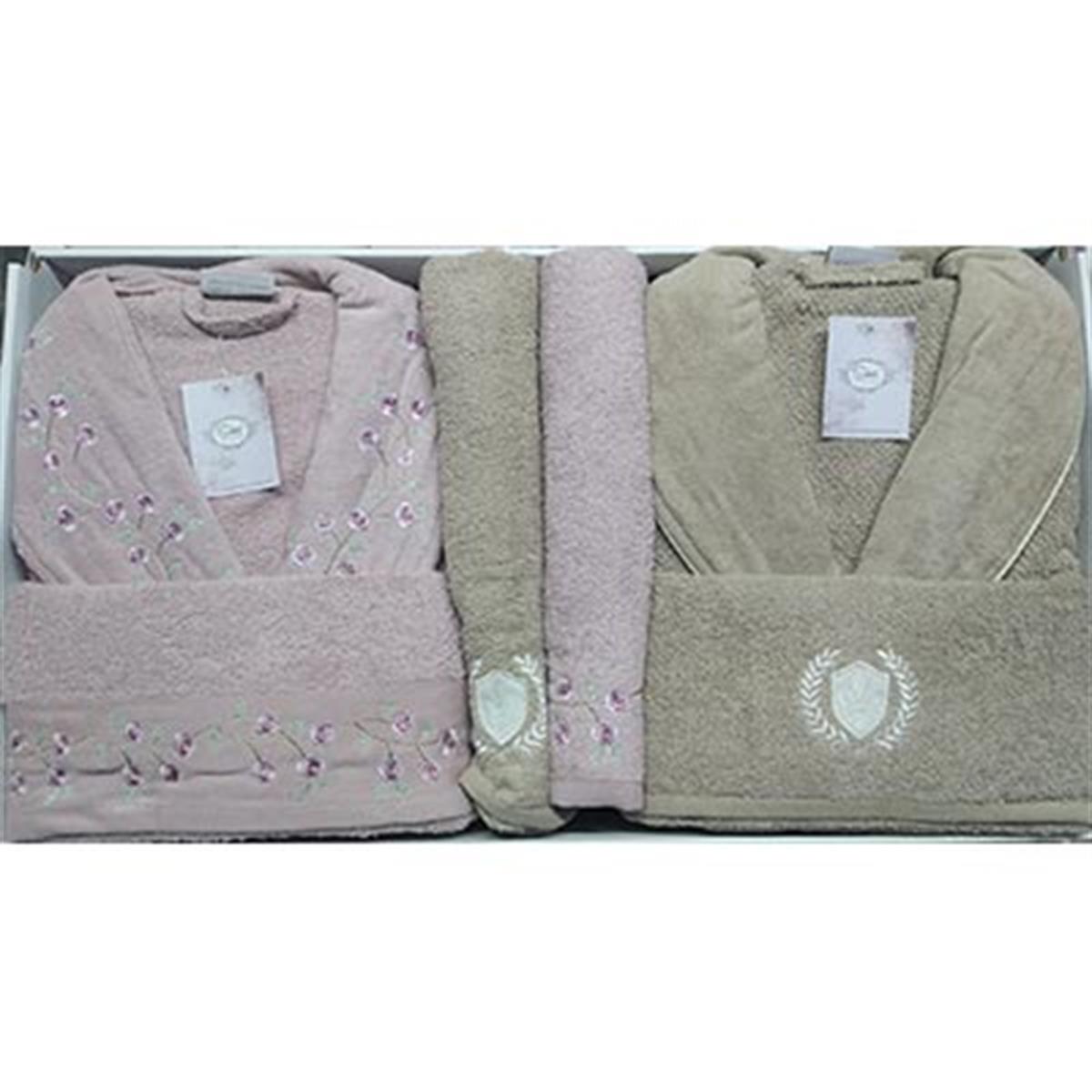 ŞIKEL AİLE BORNOZ SETİ COTTON NAKIŞLI ELSA LİLA-KAHVE