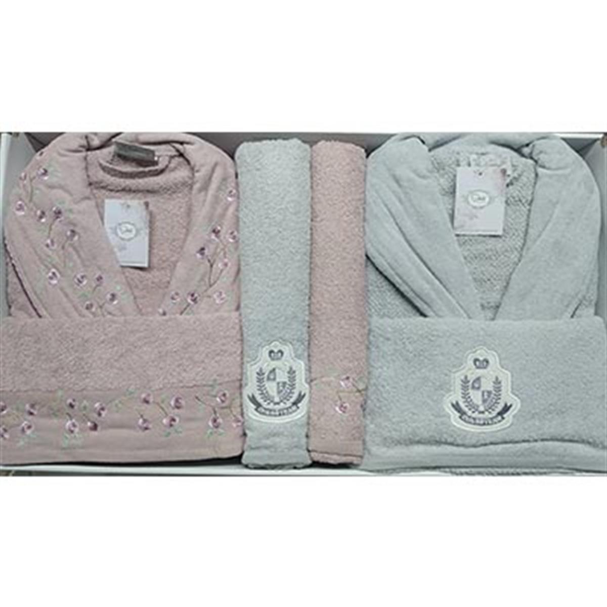 ŞIKEL AİLE BORNOZ SETİ COTTON NAKIŞLI ELSA LİLA-K.GRİ