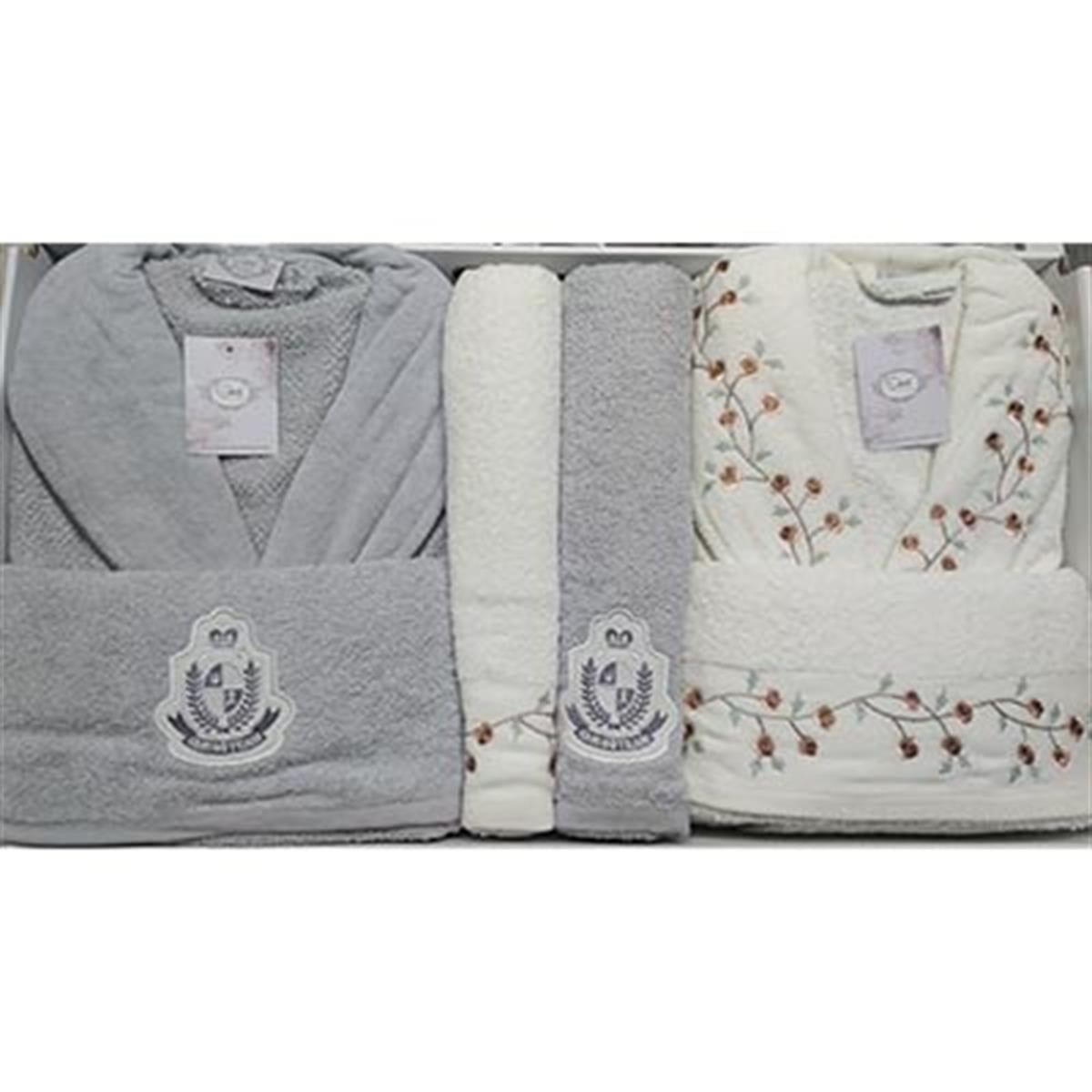 ŞIKEL AİLE BORNOZ SETİ COTTON NAKIŞLI ELSA KREM-GRİ