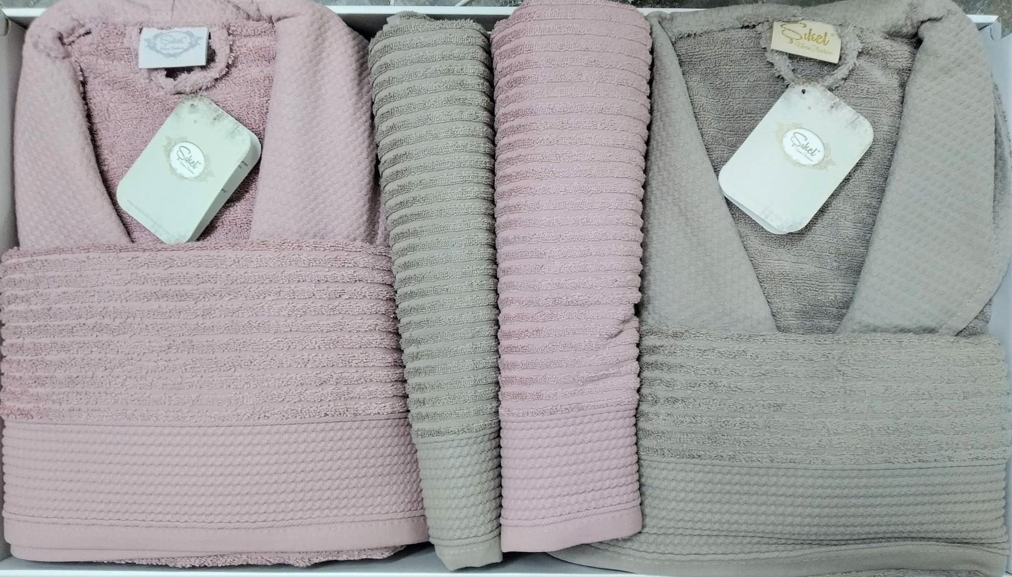 Şıkel Aile Bornoz Seti Penye Haroşa Lila-Açık Gri