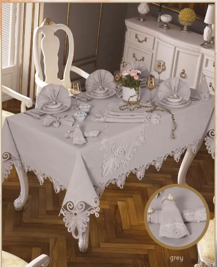 Almina Gardenye Linen Yemek Takımı Masa Seti 12 Kişilik 26 Parça Supla Runner Set Gri