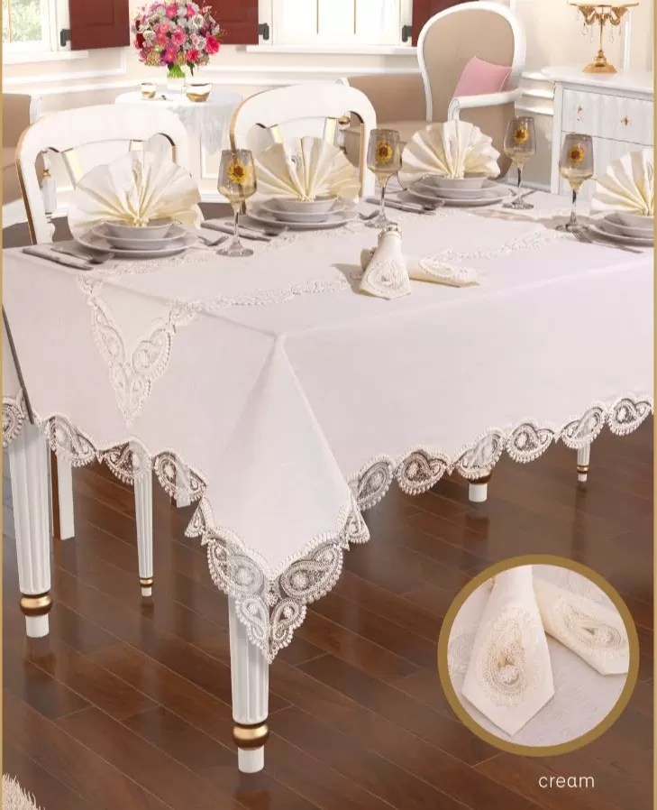 Bellisima Gardenya Keten Yemek Takımı Masa Seti 12 Kişilik 26 Parça Supla Runner Set  Krem