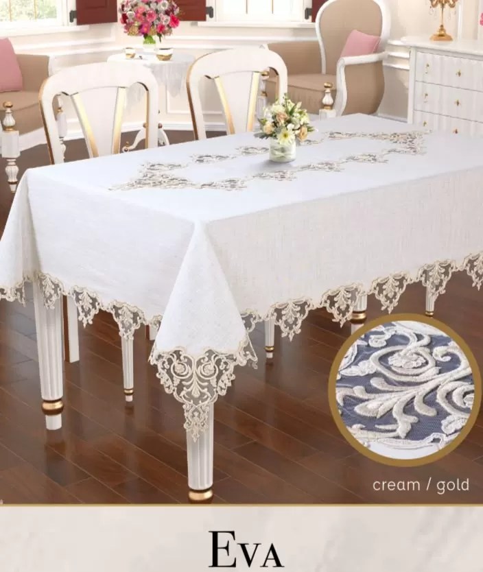 Coton Tek Masa Örtüsü Tablecloth 160x400 cm Dantelli Yemek Masası Örtüsü Eva Model Krem-Gold