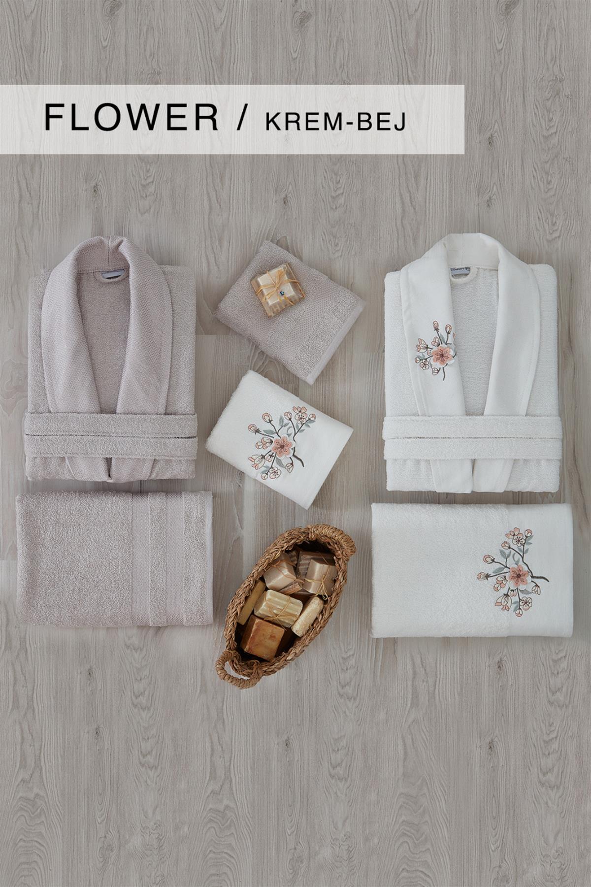 Cotton Life Aile Bornoz Seti 6 Parça Flower Krem-Bej