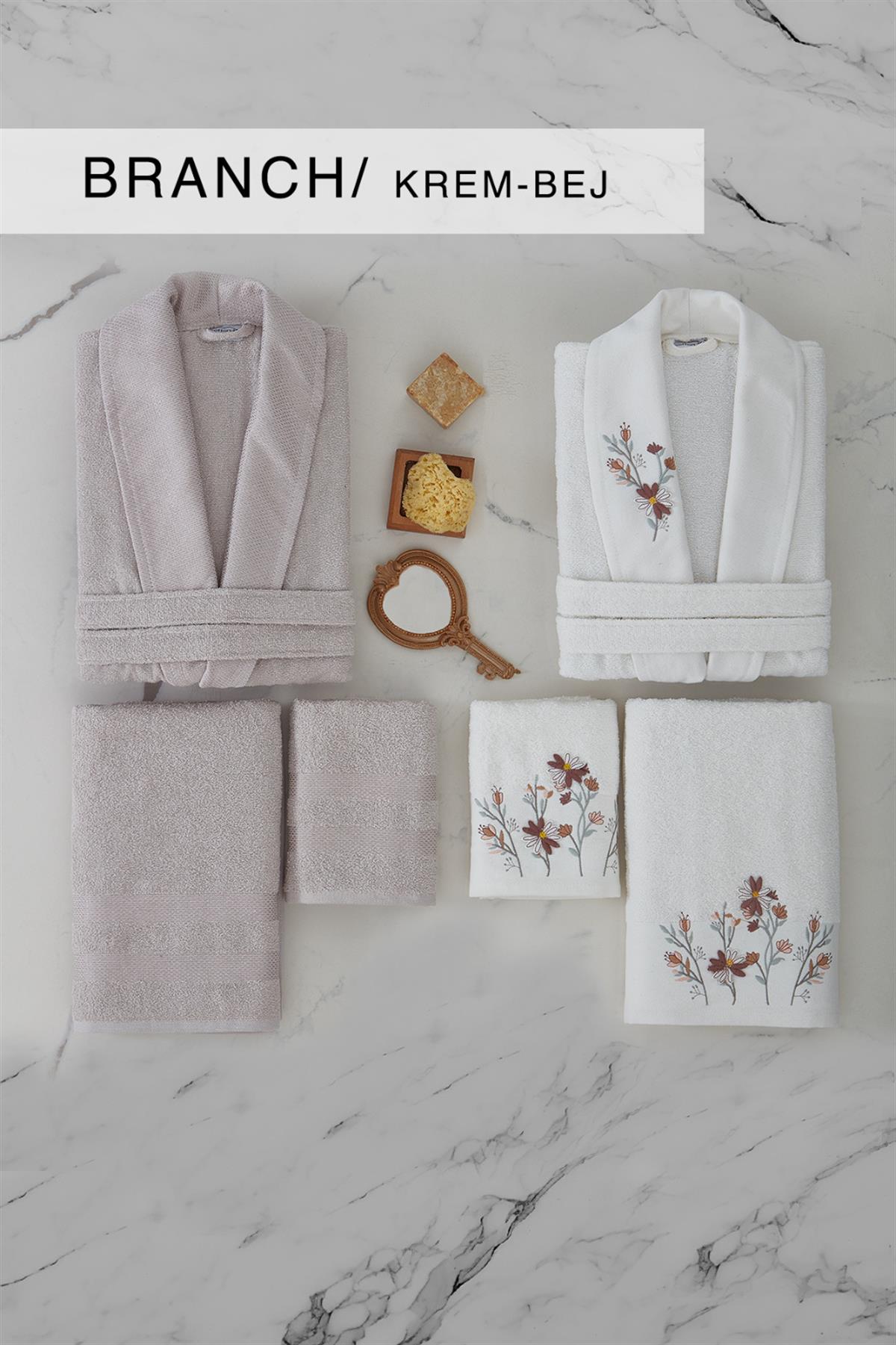 Cotton Life Aile Bornoz Seti Branch 6 Parça Krem-Bej