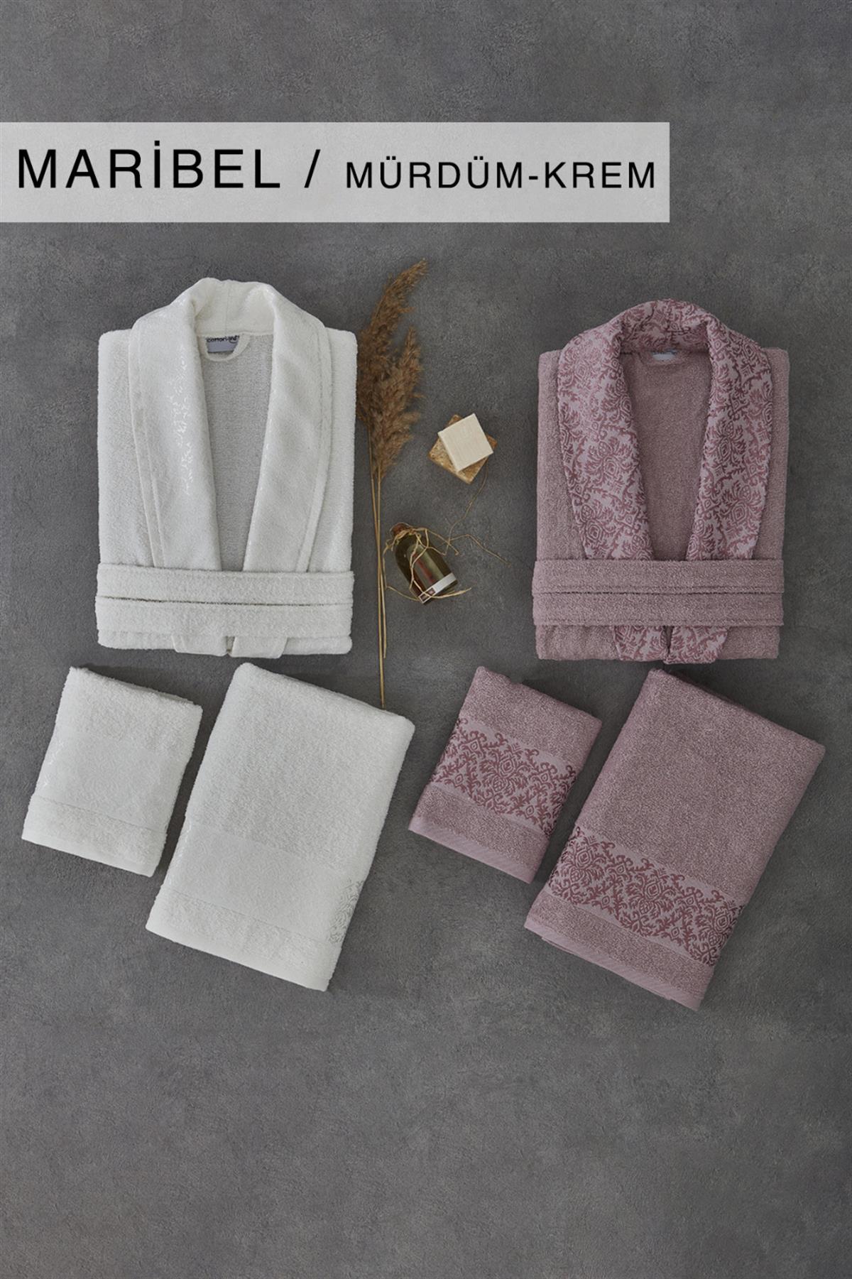 Cotton Life Aile Bornoz Seti Maribel 6 Parça Müdrüm-Krem