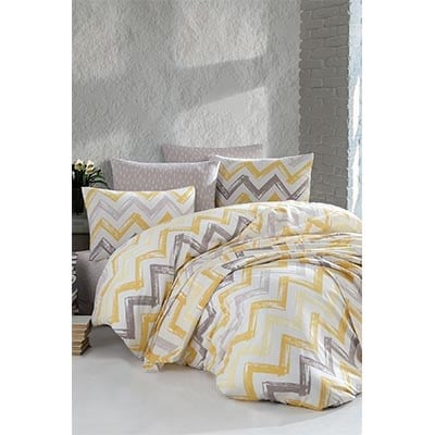 COTTON LİFE ÇİFT KİŞİLİK BASKILI PİKE TAKIMI CHEVRON SARI