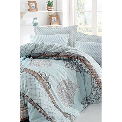 COTTON LİFE ÇİFT KİŞİLİK BASKILI PİKE TAKIMI ORİENTAL AÇIK MAVİ