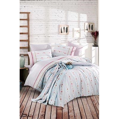 COTTON LİFE ÇİFT KİŞİLİK BASKILI PİKE TAKIMI AMİE MAVİ