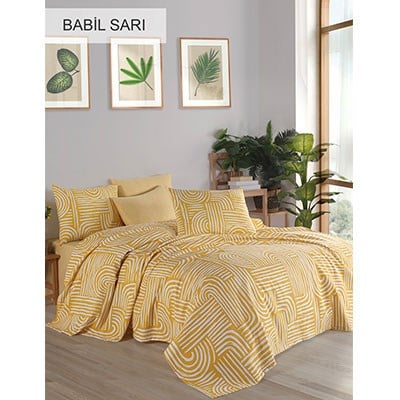 Cotton Life Tek Kişilik Baskılı Pike Takımı Babil Sarı