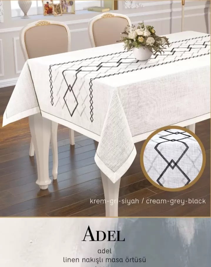 Dertsiz Linen Nakışlı Tek Masa Örtüsü 155x400 cm  Yemek Masası Örtüsü Adel Model Kreme-Gri-Siyah