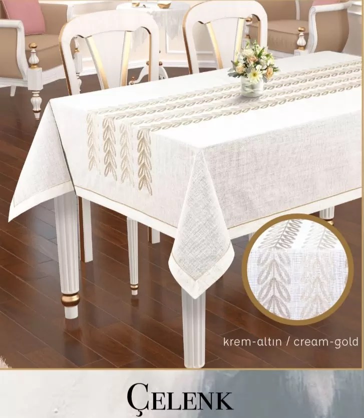 Dertsiz Linen Nakışlı Tek Masa Örtüsü 160x220 cm Yemek Masası Örtüsü Çelenk Model Krem-Gold