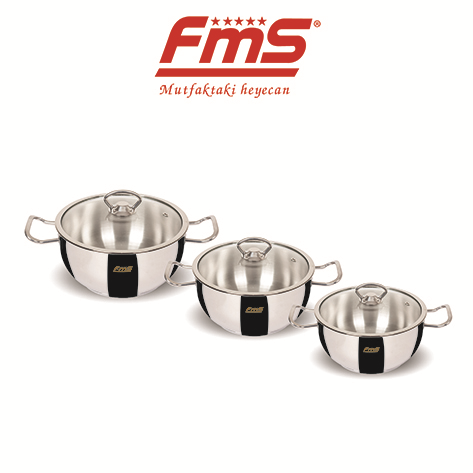 FMS 6 Parça 3'lü Jumbo Güveç Çelik Tencere Seti Metal Kulp