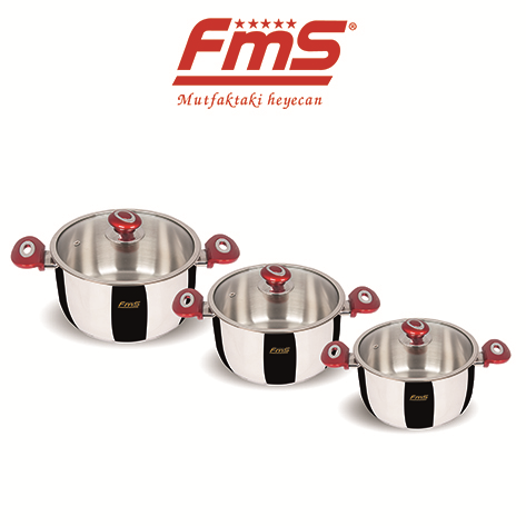 FMS 6 Parça 3'lü Jumbo Güveç Çelik Tencere Seti Kırmızı