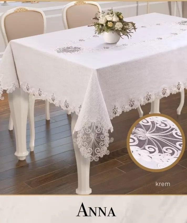 Gardenya Keten Tek Masa Örtüsü 160x260 cm Dantelli Yemek Masası Örtüsü Anna Model Krem
