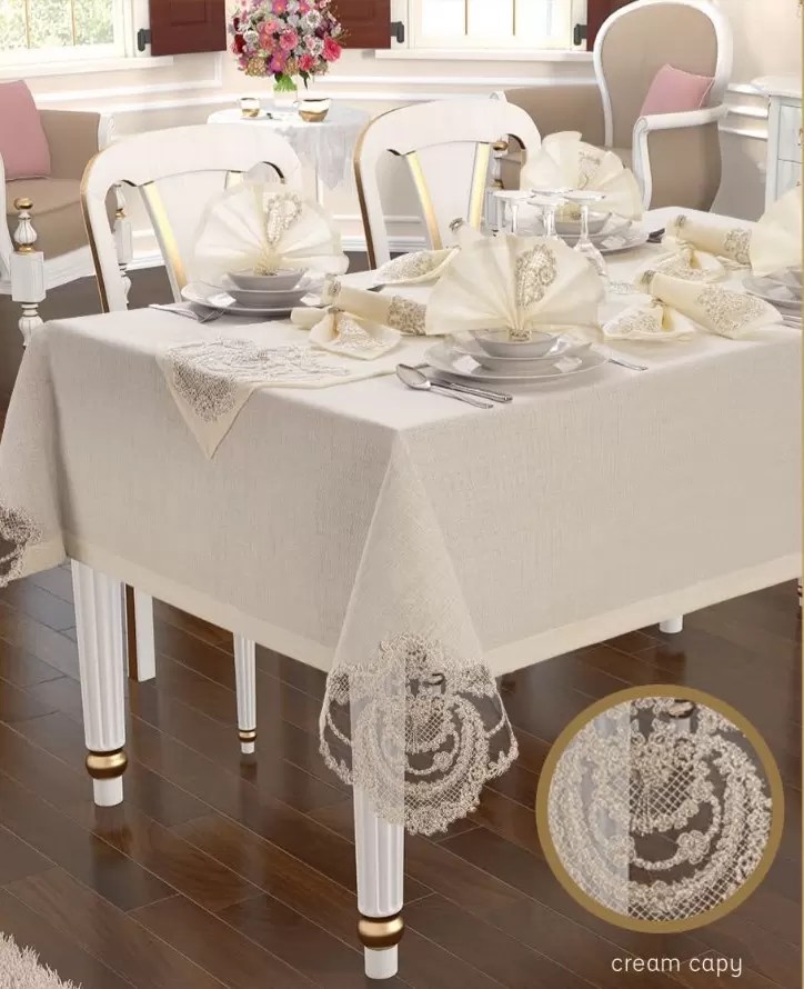 Gardenya Linen Yemek Takımı Masa Seti 12 Kişilik 26 Parça Supla Runner Set Kreme Kapiçino